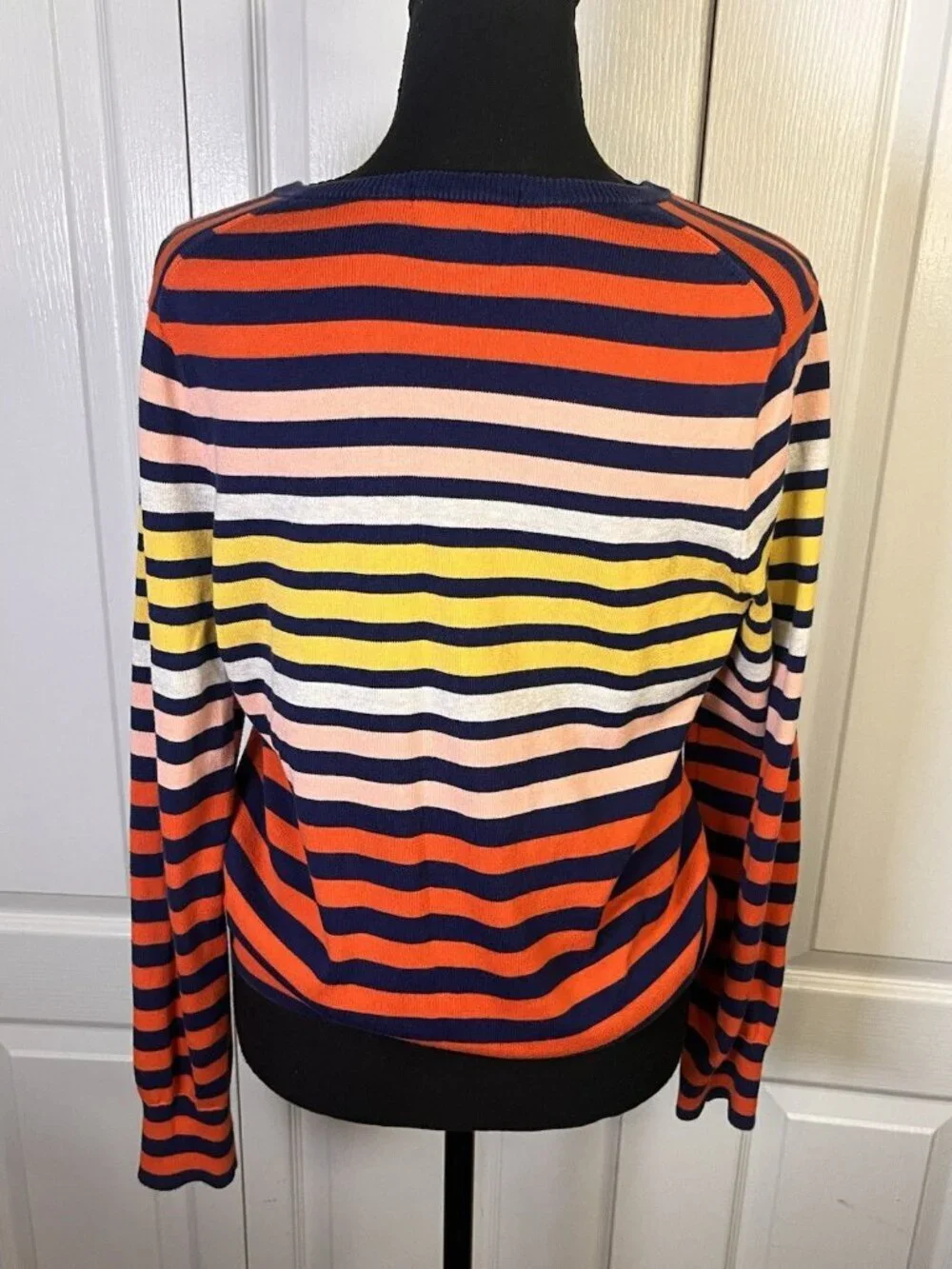 Lands End Supima Cotton Striped Cardigan Sweater Sz S 6-8 Orange Blue Button